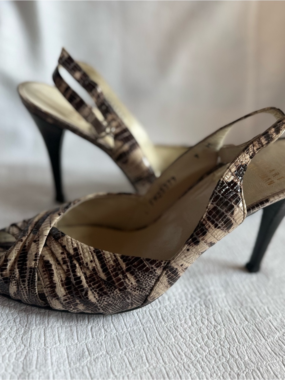 Stuart Weitzman Cream and Black Snake-Print Slingbacks